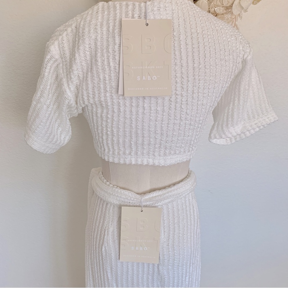 ☁️ SABO Florence White Ribbed Knit Knot Front Wrap Top Wrap Maxi Skirt Set - Picture 13 of 16